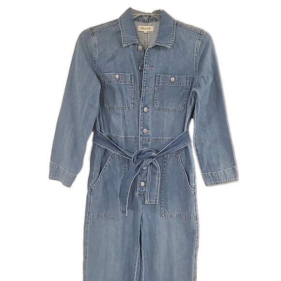 Madewell Denim Coveralls Womens M Blue Button Up LS Work Utility Boho Jumpsuit - Picture 2 of 16